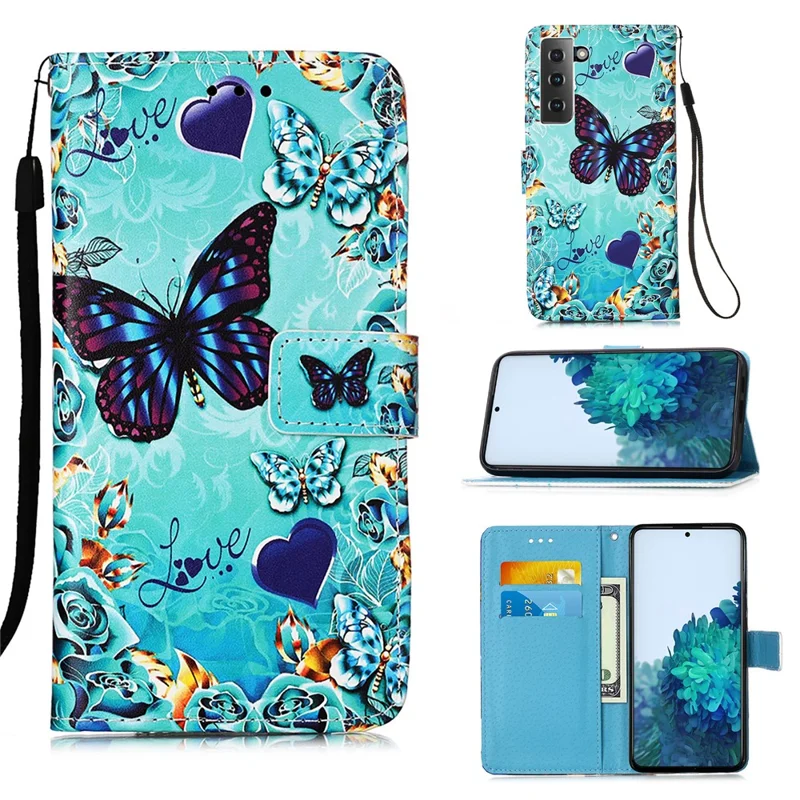 Anti-Drop PU Leather Wallet Stand Case Smartphone Cover Shell with Pattern Printing for Samsung Galaxy S21 4G/5G - Butterfly