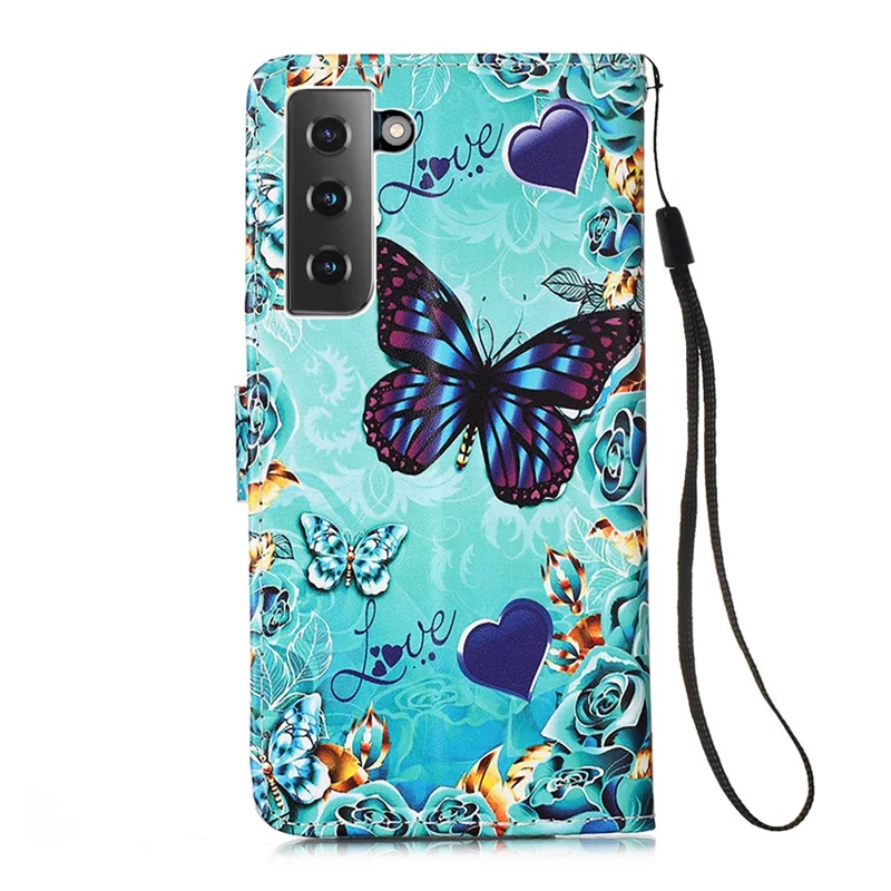 Anti-Drop PU Leather Wallet Stand Case Smartphone Cover Shell with Pattern Printing for Samsung Galaxy S21 4G/5G - Butterfly