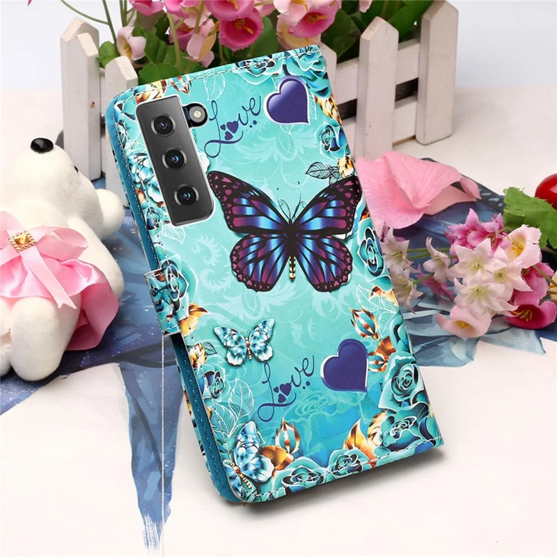 Anti-Drop PU Leather Wallet Stand Case Smartphone Cover Shell with Pattern Printing for Samsung Galaxy S21 4G/5G - Butterfly