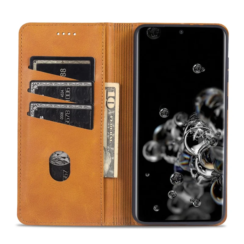 AZNS Auto-absorbed Leather Stand Wallet Case for Samsung Galaxy S21 4G/5G - Brown