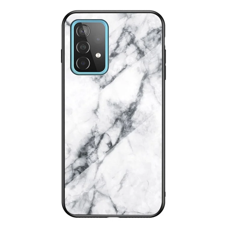 For Samsung Galaxy A52 4G/5G / A52s 5G Tempered Glass+PC Back TPU Frame Case Marble Pattern Design Shock Protective Cover - White Marble