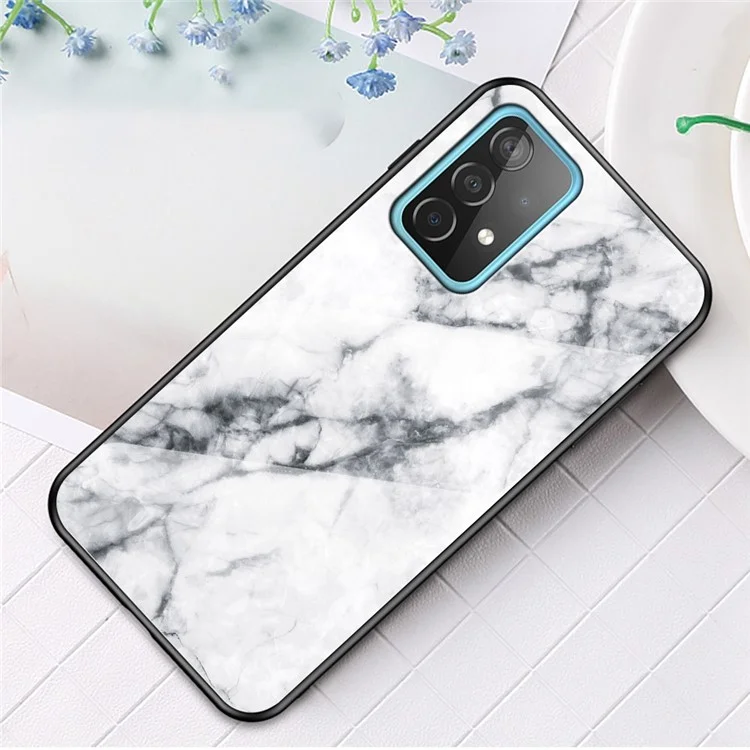 For Samsung Galaxy A52 4G/5G / A52s 5G Tempered Glass+PC Back TPU Frame Case Marble Pattern Design Shock Protective Cover - White Marble