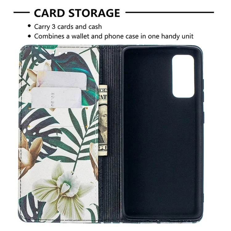 Auto-absorbed Stylish Patterned PU Leather Stand Phone Case for Samsung Galaxy S20 FE 4G/FE 5G/S20 Lite/S20 FE 2022 - Green Leaves and Flowers