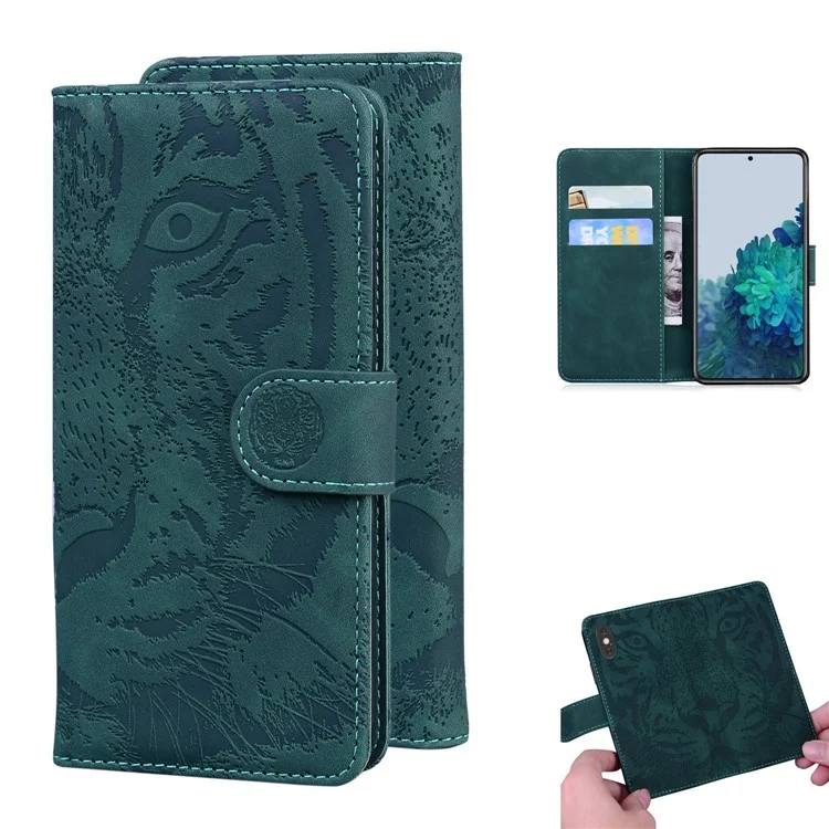 Tiger Face Impronca la Caja Del Teléfono de la Billetera y la Billetera de la Billetera y el Samsung Galaxy S21 4G/5G - Verde