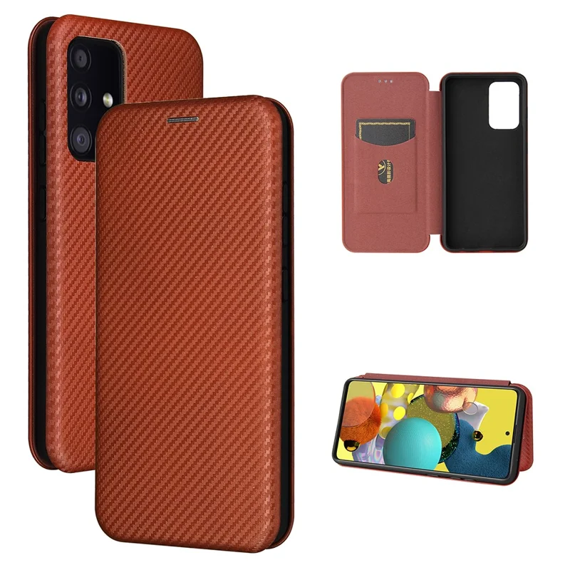 Card Holder Carbon Fiber Leather Auto-absorbed Cover Case for Samsung Galaxy A52 4G/5G / A52s 5G - Orange
