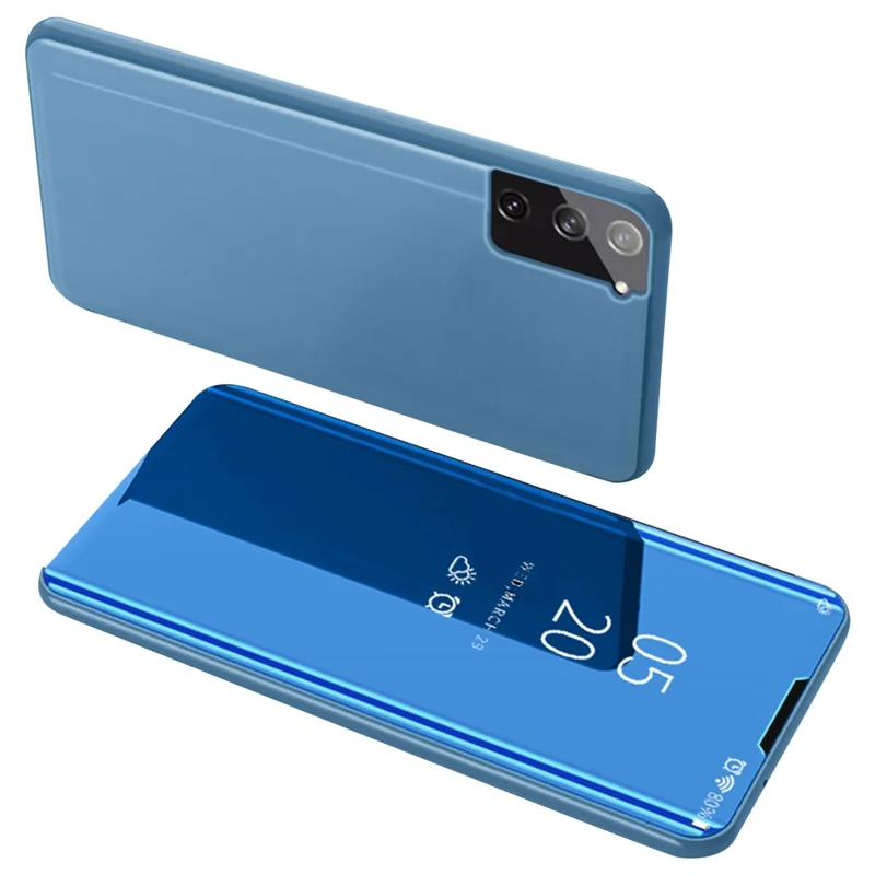 Étui en cuir pour téléphone portable avec surface miroir électrolytique pour Samsung Galaxy S21 4G/5G - Bleu
