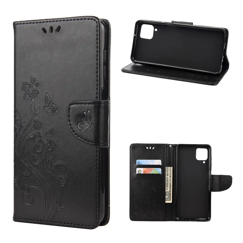 Leather Wallet Butterfly Flower Imprinting Case with Stand for Samsung Galaxy A12 - Black