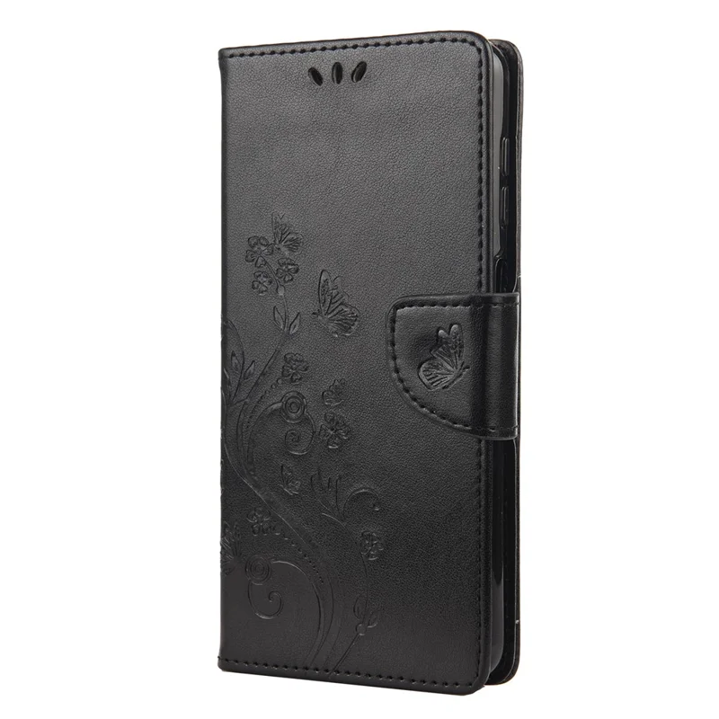 Leather Wallet Butterfly Flower Imprinting Case with Stand for Samsung Galaxy A12 - Black