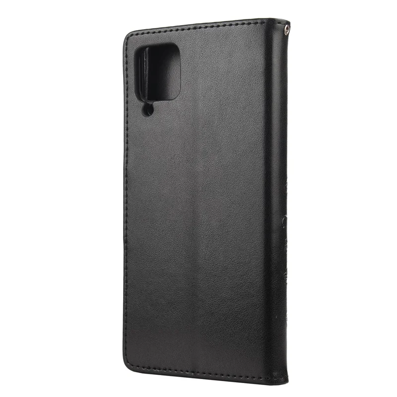 Leather Wallet Butterfly Flower Imprinting Case with Stand for Samsung Galaxy A12 - Black