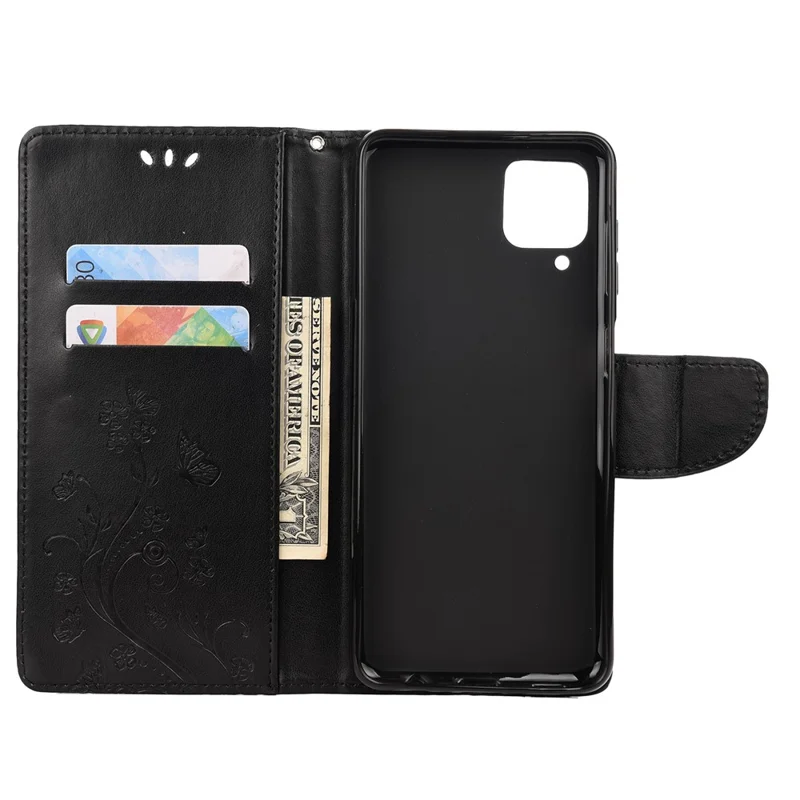 Leather Wallet Butterfly Flower Imprinting Case with Stand for Samsung Galaxy A12 - Black