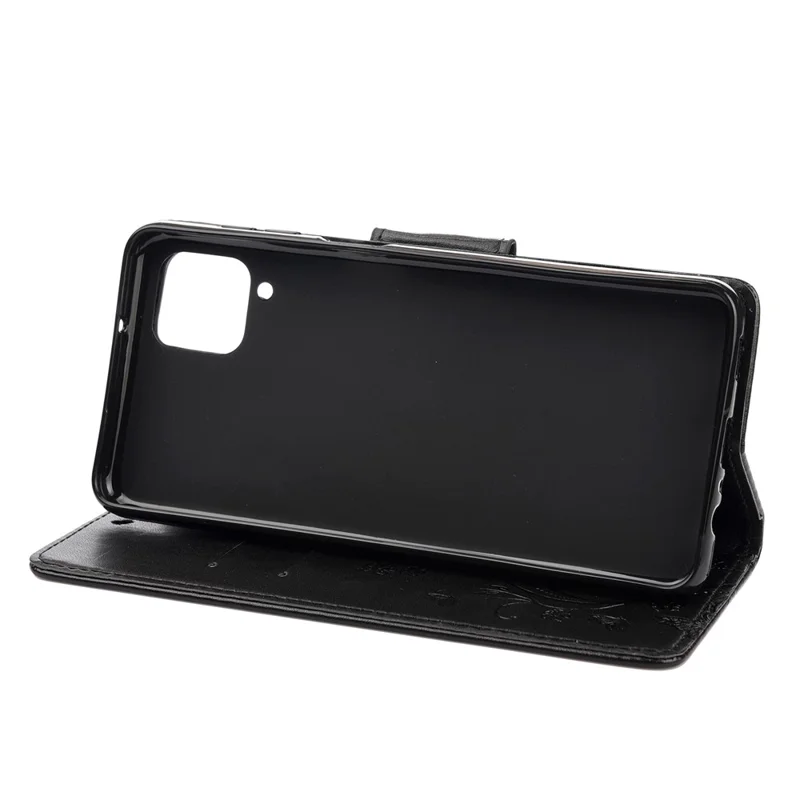 Leather Wallet Butterfly Flower Imprinting Case with Stand for Samsung Galaxy A12 - Black