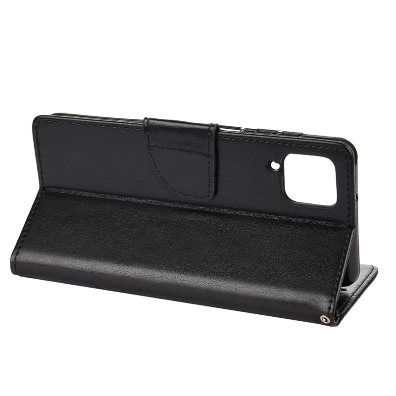 Leather Wallet Butterfly Flower Imprinting Case with Stand for Samsung Galaxy A12 - Black