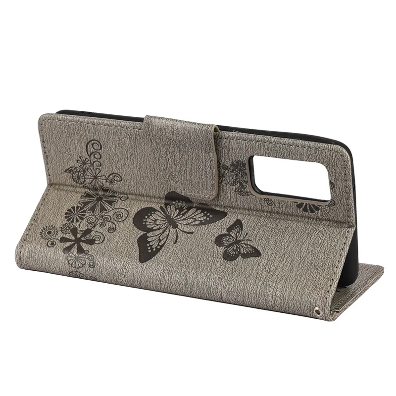 Imprinted Butterflies Flower Leather Wallet Stand Case for Samsung Galaxy A72 5G / A72 4G - Grey