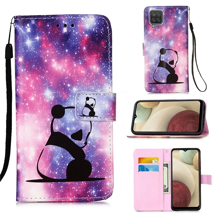 TPU + PU Leather Wallet Stand Case with Pattern Printing for Samsung Galaxy A12/M12 - Panda