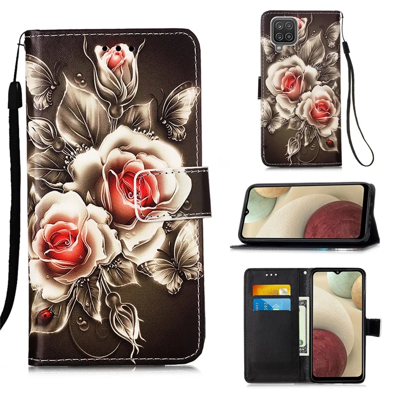 TPU + PU Leather Wallet Stand Case with Pattern Printing for Samsung Galaxy A12/M12 - Vivid Flower
