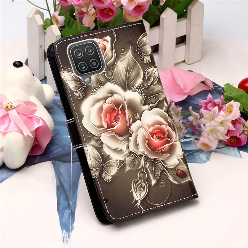 TPU + PU Leather Wallet Stand Case with Pattern Printing for Samsung Galaxy A12/M12 - Vivid Flower