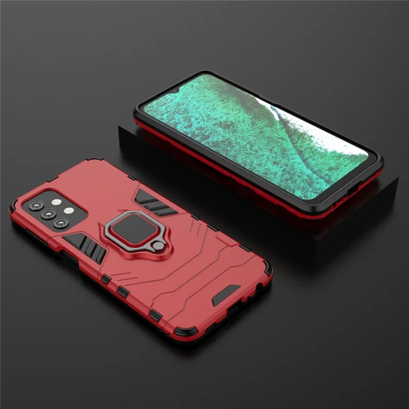 Cool Guard Ring Holder Kickstand PC TPU Hybrid Case Protective Shell for Samsung Galaxy A32 5G/M32 5G - Red