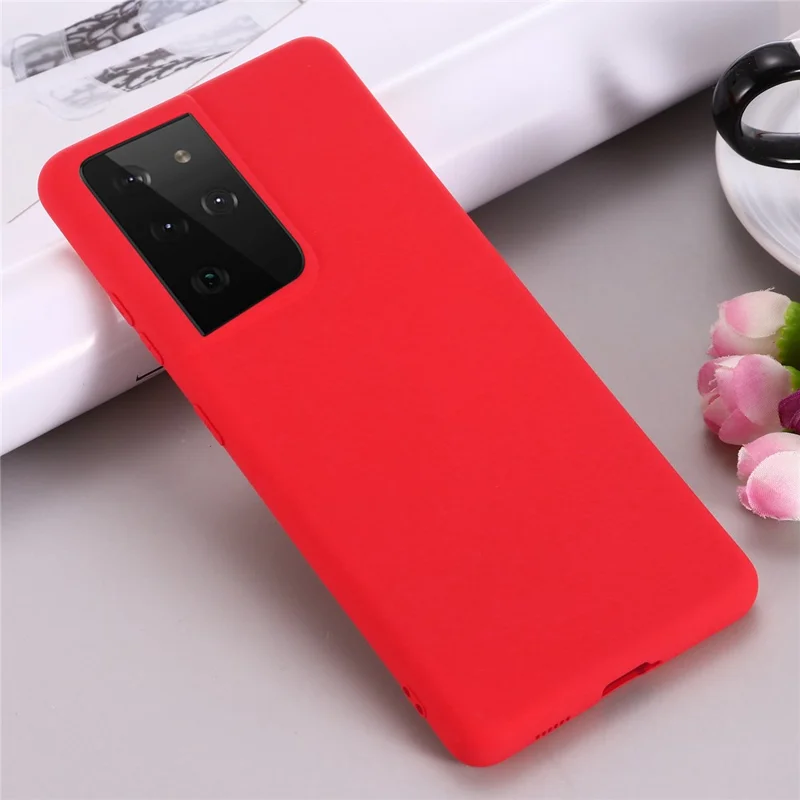 For Samsung Galaxy S21 Ultra 5G Shockproof Soft Liquid Silicone Cover Mobile Phone Shell Protection Case - Red