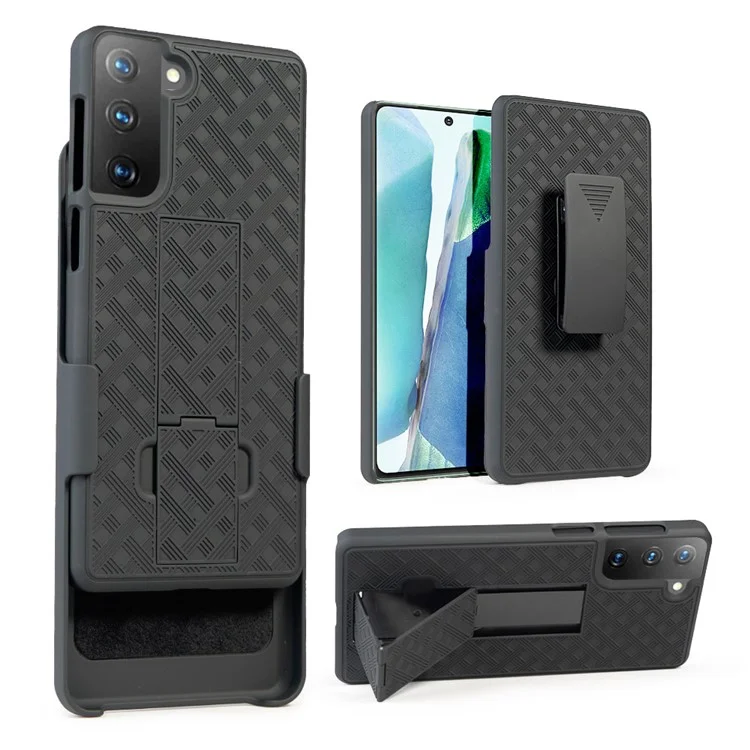 Swivel Belt Clip Built-in Kickstand Woven Texture PC Hard Case for Samsung Galaxy S21 4G/5G