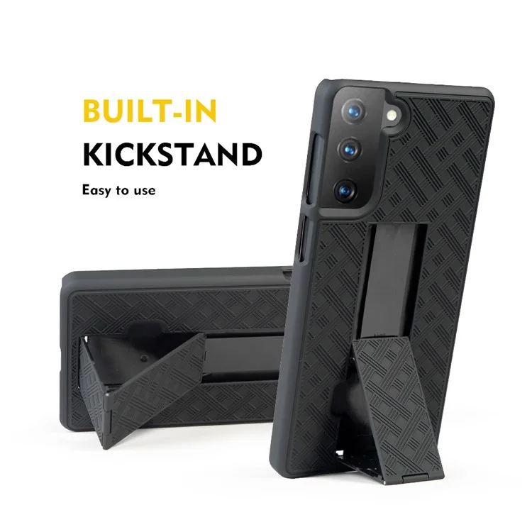 Swivel Belt Clip Built-in Kickstand Woven Texture PC Hard Case for Samsung Galaxy S21 4G/5G