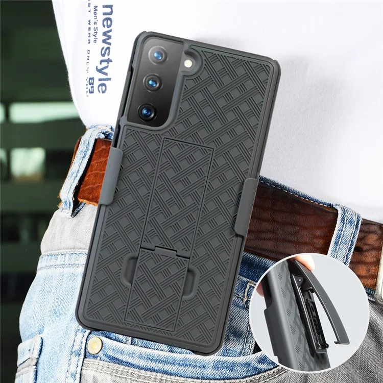 Swivel Belt Clip Built-in Kickstand Woven Texture PC Hard Case for Samsung Galaxy S21 4G/5G