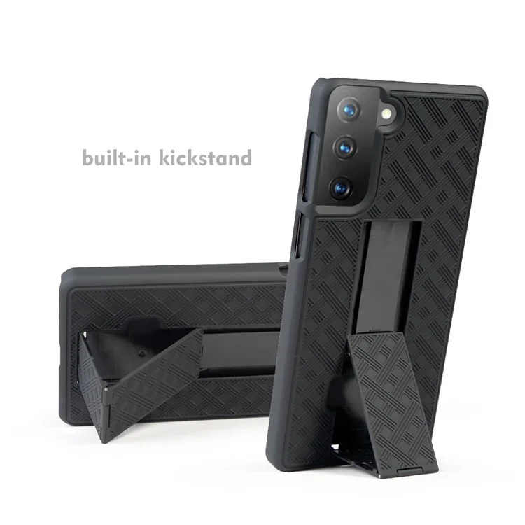 Swivel Belt Clip Built-in Kickstand Woven Texture PC Hard Case for Samsung Galaxy S21 4G/5G