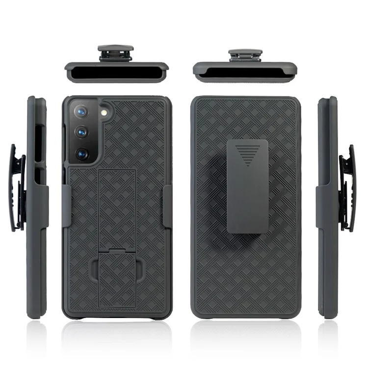 Swivel Belt Clip Built-in Kickstand Woven Texture PC Hard Case for Samsung Galaxy S21 4G/5G