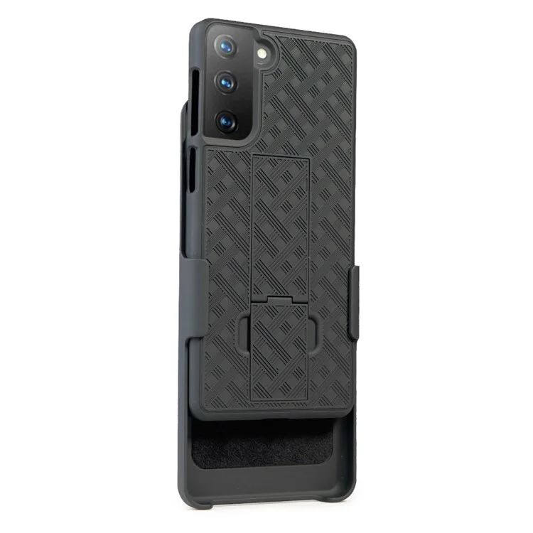 Swivel Belt Clip Built-in Kickstand Woven Texture PC Hard Case for Samsung Galaxy S21 4G/5G