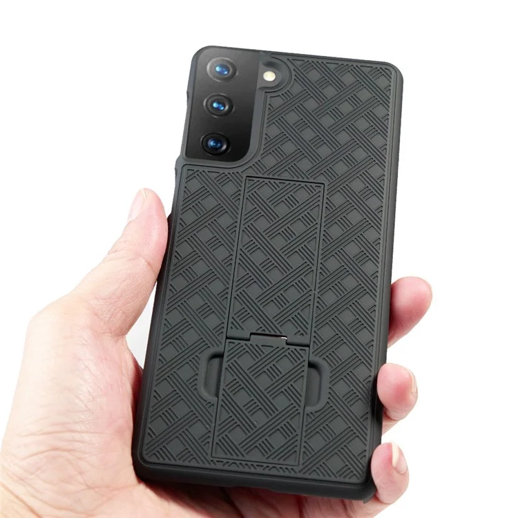 Swivel Belt Clip Built-in Kickstand Woven Texture PC Hard Case for Samsung Galaxy S21 4G/5G