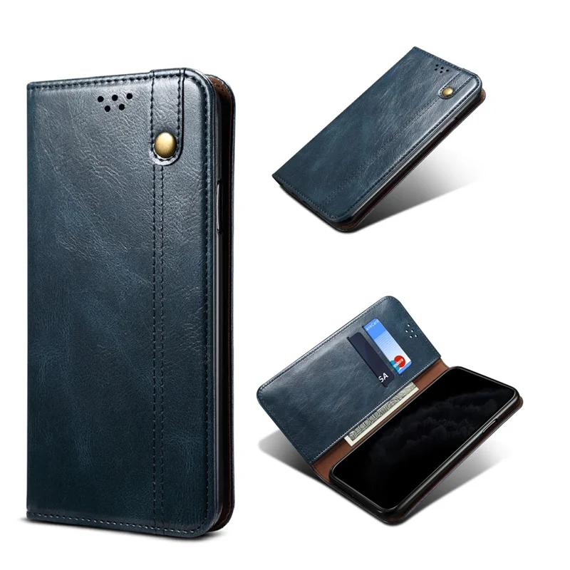 Waxy Crazy Horse Texture TPU + PU Leather Case Cover for Samsung Galaxy A12 - Blue