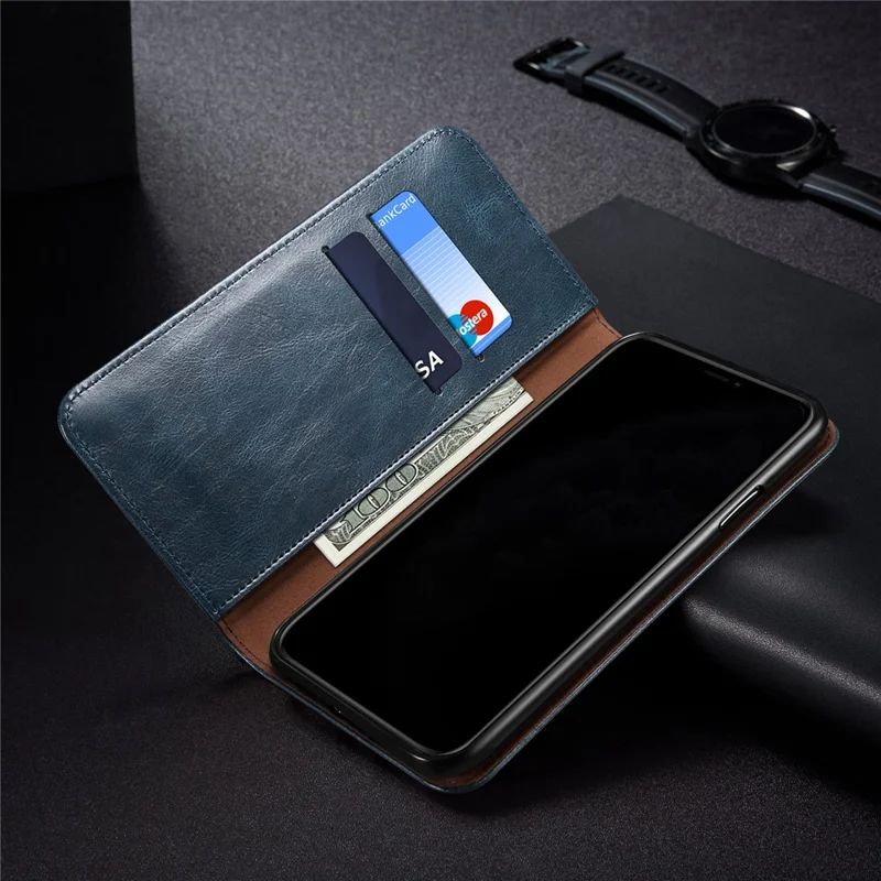 Waxy Crazy Horse Texture TPU + PU Leather Case Cover for Samsung Galaxy A12 - Blue