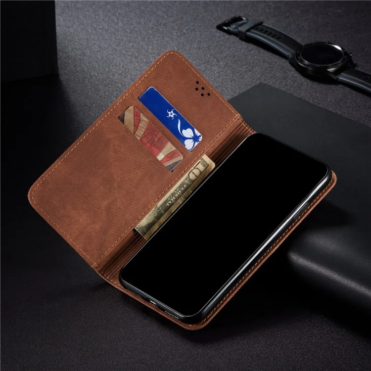 Jeans Cloth Texture Wallet Leather Mobile Phone Protective Cover for Samsung Galaxy A12 - Brown