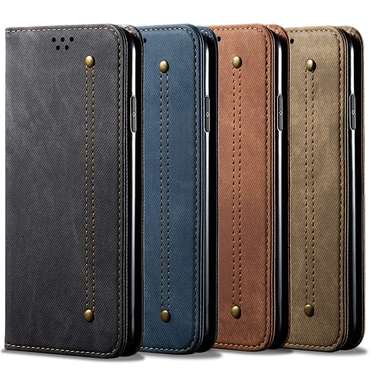 Jeans Cloth Texture Wallet Leather Mobile Phone Protective Cover for Samsung Galaxy A12 - Brown