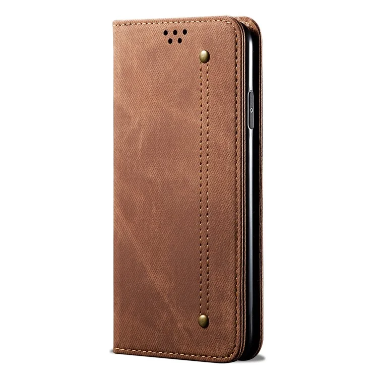 Jeans Cloth Texture Wallet Leather Mobile Phone Protective Cover for Samsung Galaxy A12 - Brown