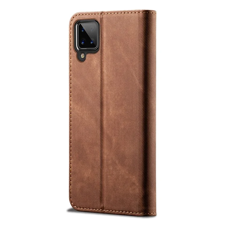 Jeans Cloth Texture Wallet Leather Mobile Phone Protective Cover for Samsung Galaxy A12 - Brown