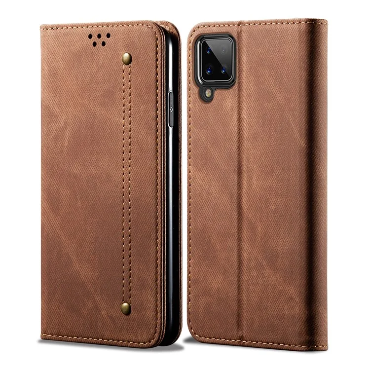 Jeans Cloth Texture Wallet Leather Mobile Phone Protective Cover for Samsung Galaxy A12 - Brown