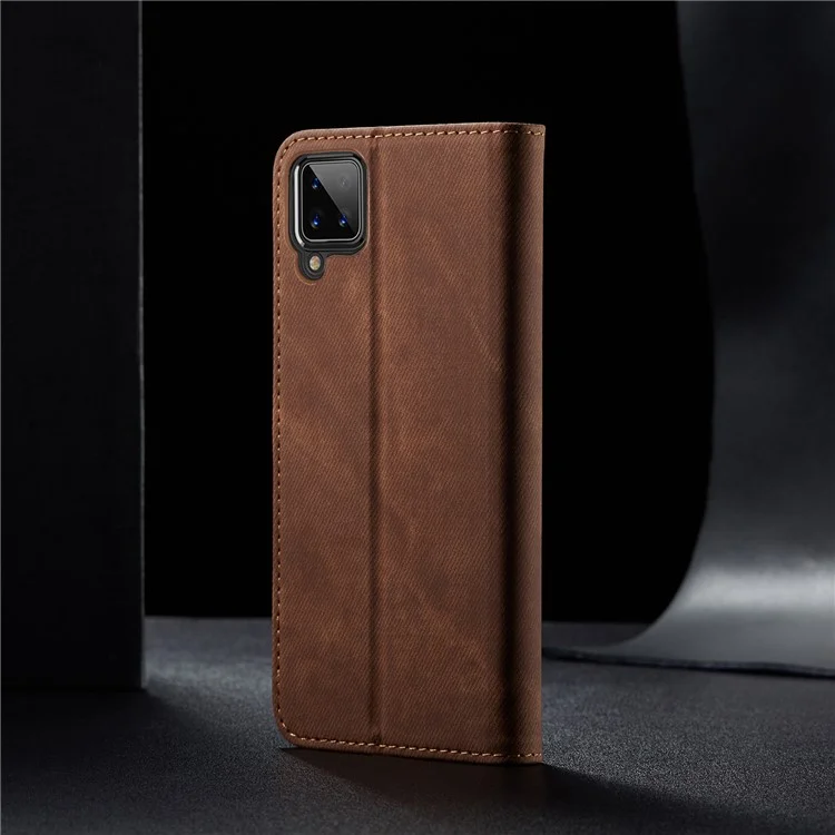 Jeans Cloth Texture Wallet Leather Mobile Phone Protective Cover for Samsung Galaxy A12 - Brown