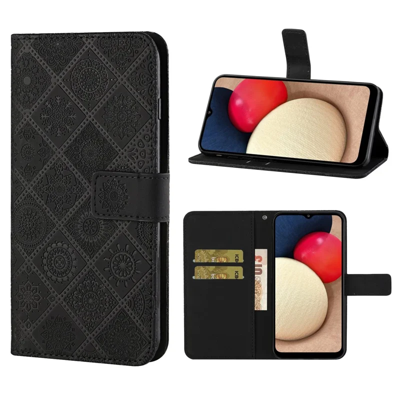 Étui portefeuille en cuir avec motif ethnique pour Samsung Galaxy A02s (166,5 mm) - Noir