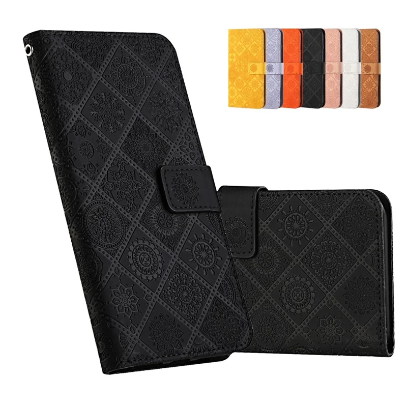 Étui portefeuille en cuir avec motif ethnique pour Samsung Galaxy A02s (166,5 mm) - Noir
