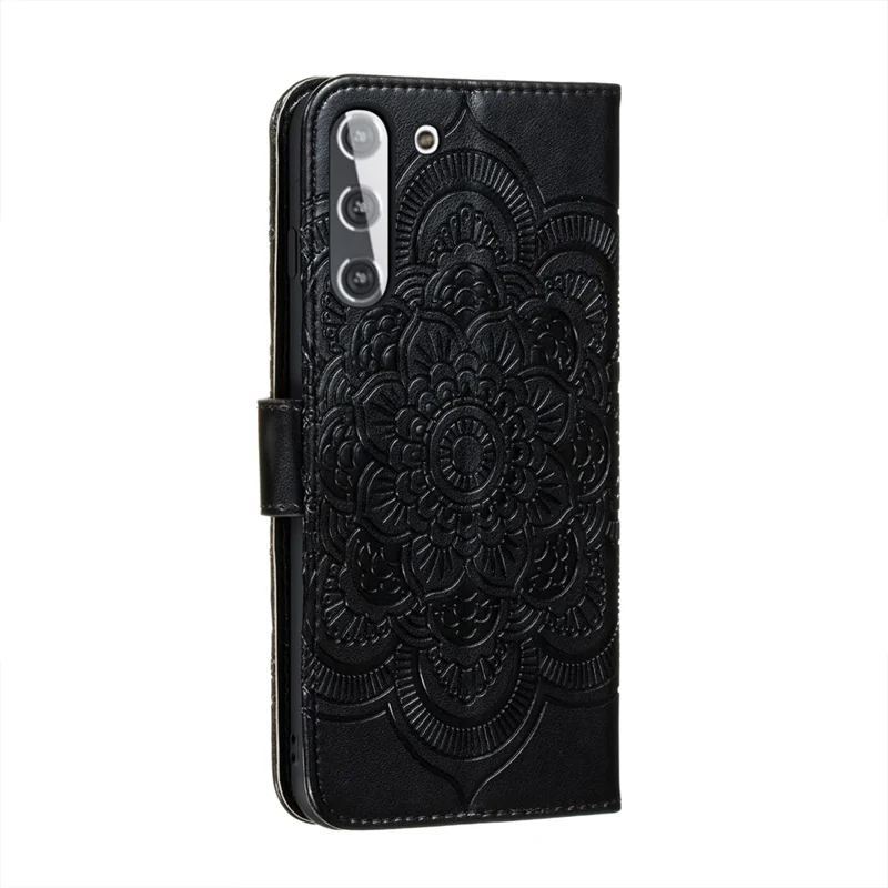 Impressão Mandala Flor de Couro de Flores Capa Para Samsung Galaxy S21 4g/5g Stand Estocando - Preto