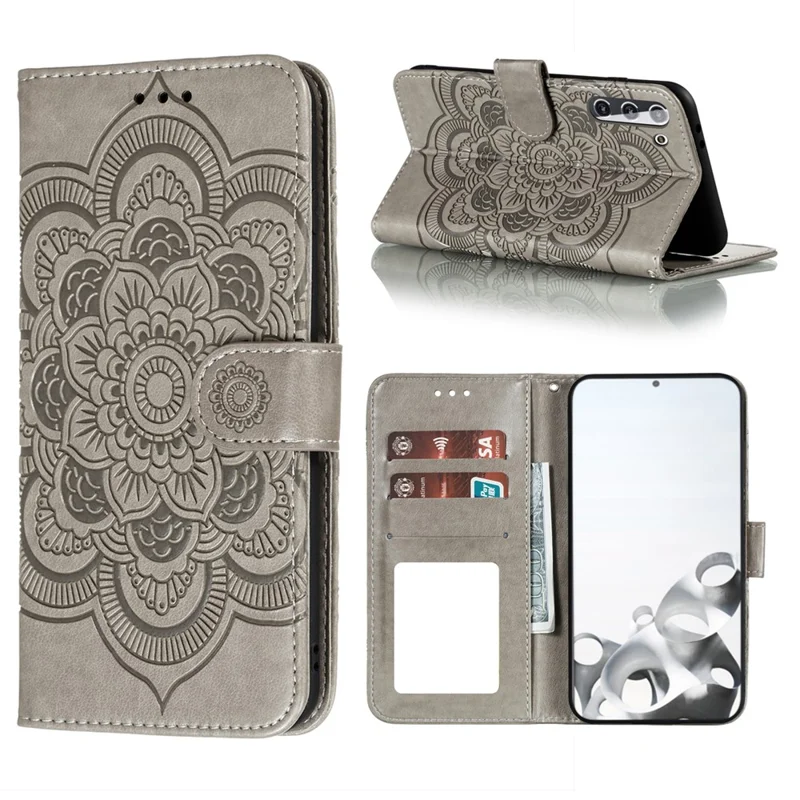 Imprint Mandala Flower Leather Phone Cover for Samsung Galaxy S21 4G/5G Stand Case - Grey