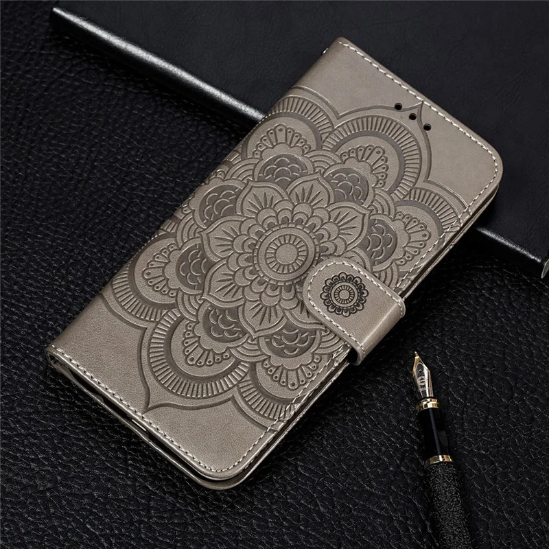 Imprint Mandala Flower Leather Phone Cover for Samsung Galaxy S21 4G/5G Stand Case - Grey