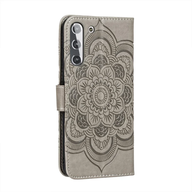 Imprint Mandala Flower Leather Phone Cover for Samsung Galaxy S21 4G/5G Stand Case - Grey