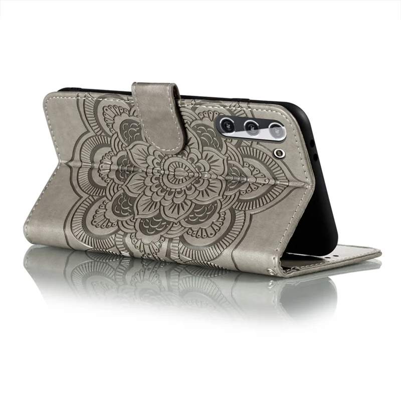 Imprint Mandala Flower Leather Phone Cover for Samsung Galaxy S21 4G/5G Stand Case - Grey