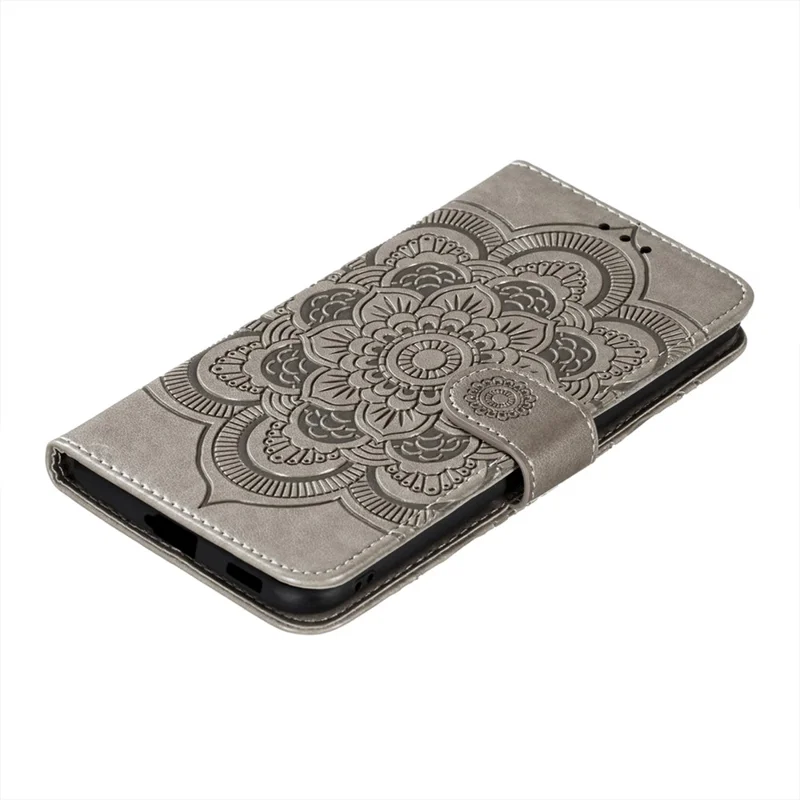 Imprint Mandala Flower Leather Phone Cover for Samsung Galaxy S21 4G/5G Stand Case - Grey