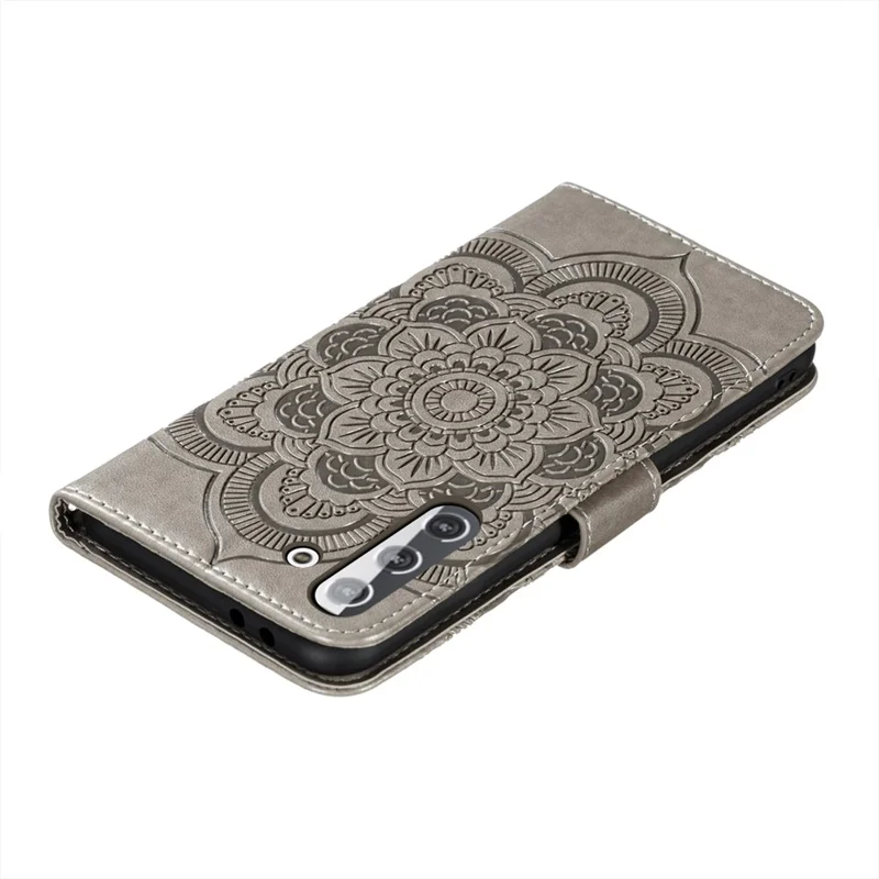 Imprint Mandala Flower Leather Phone Cover for Samsung Galaxy S21 4G/5G Stand Case - Grey