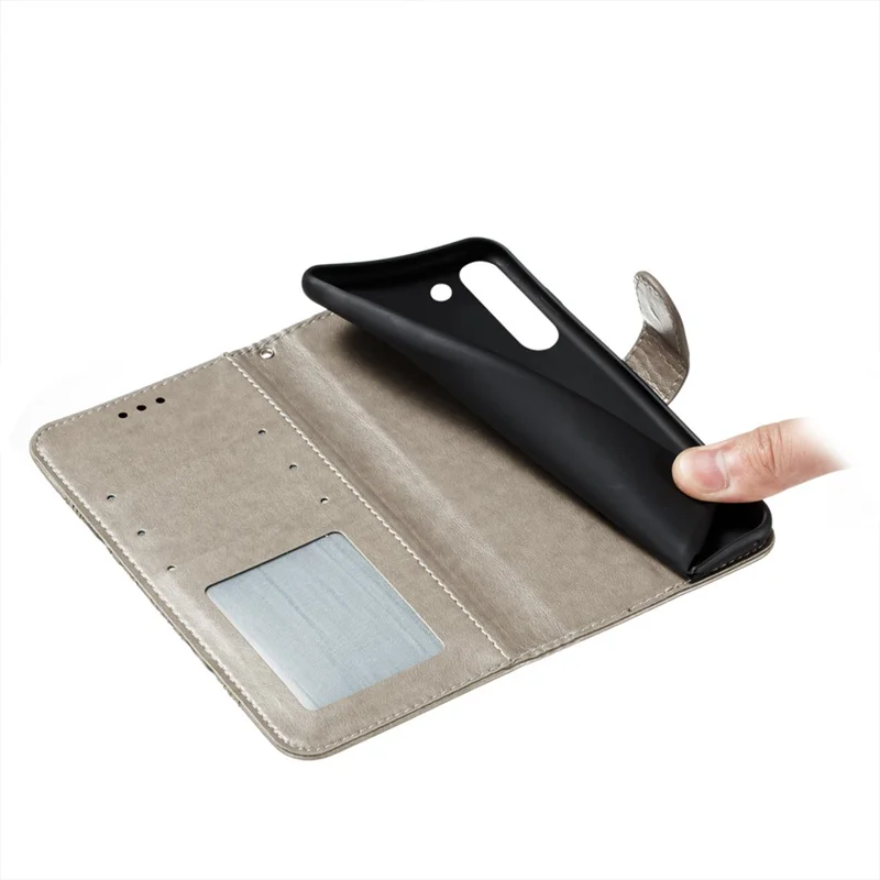 Imprint Mandala Flower Leather Phone Cover for Samsung Galaxy S21 4G/5G Stand Case - Grey