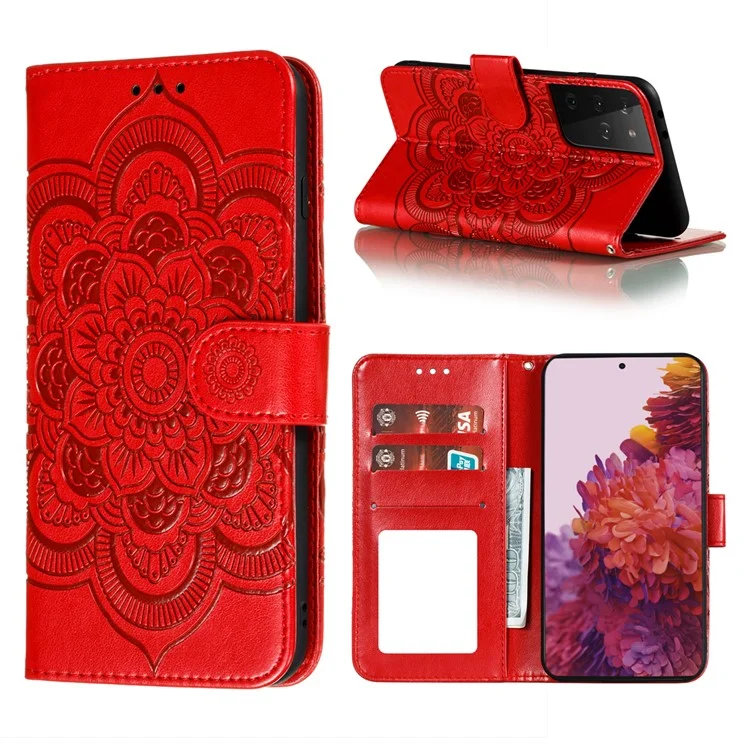 Imprint Mandala Flower Wallet Leather Cover for Samsung Galaxy S21 Ultra 5G Stand Case - Red
