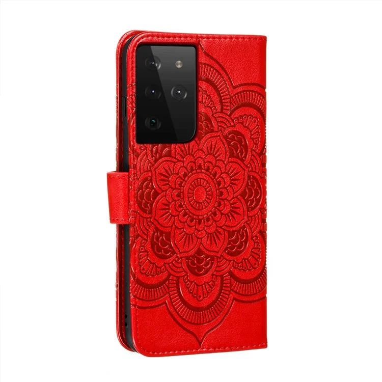 Imprint Mandala Flower Wallet Leather Cover for Samsung Galaxy S21 Ultra 5G Stand Case - Red