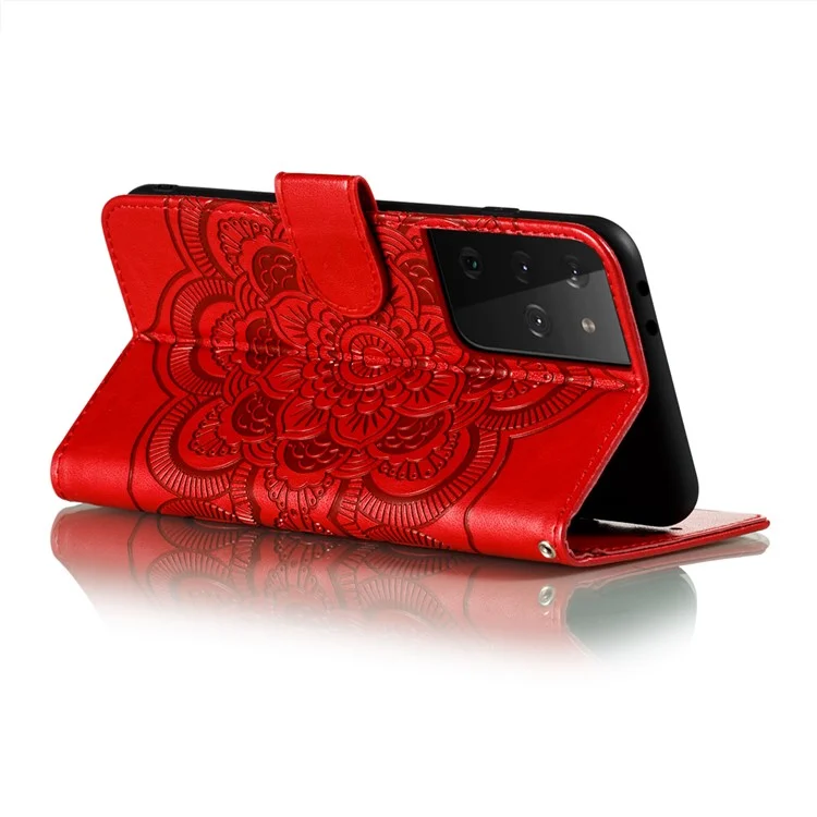 Imprint Mandala Flower Wallet Leather Cover for Samsung Galaxy S21 Ultra 5G Stand Case - Red
